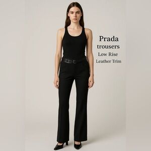 Vintage Prada Pants, 100% Wool with Leather Waist/Belt, Black, Women's Size 42